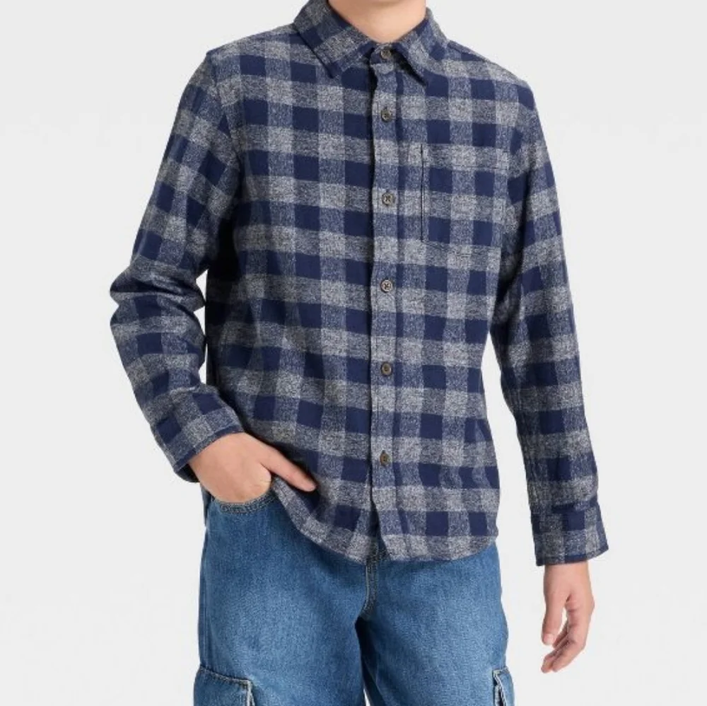 Cat & Jack Navy and Gray Checkered Button Down Shirt